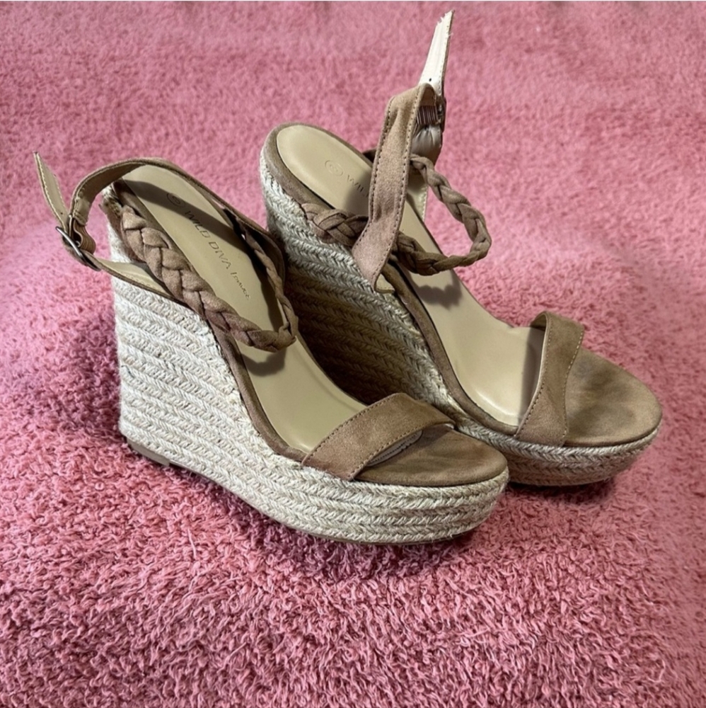 Beige Braid Strap Wedges